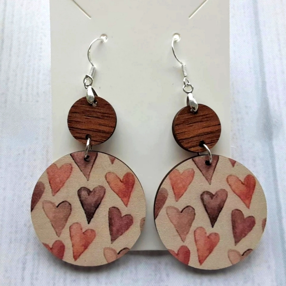 Hearts Wooden Heart Dangle Earrings New - Picture 4 of 4